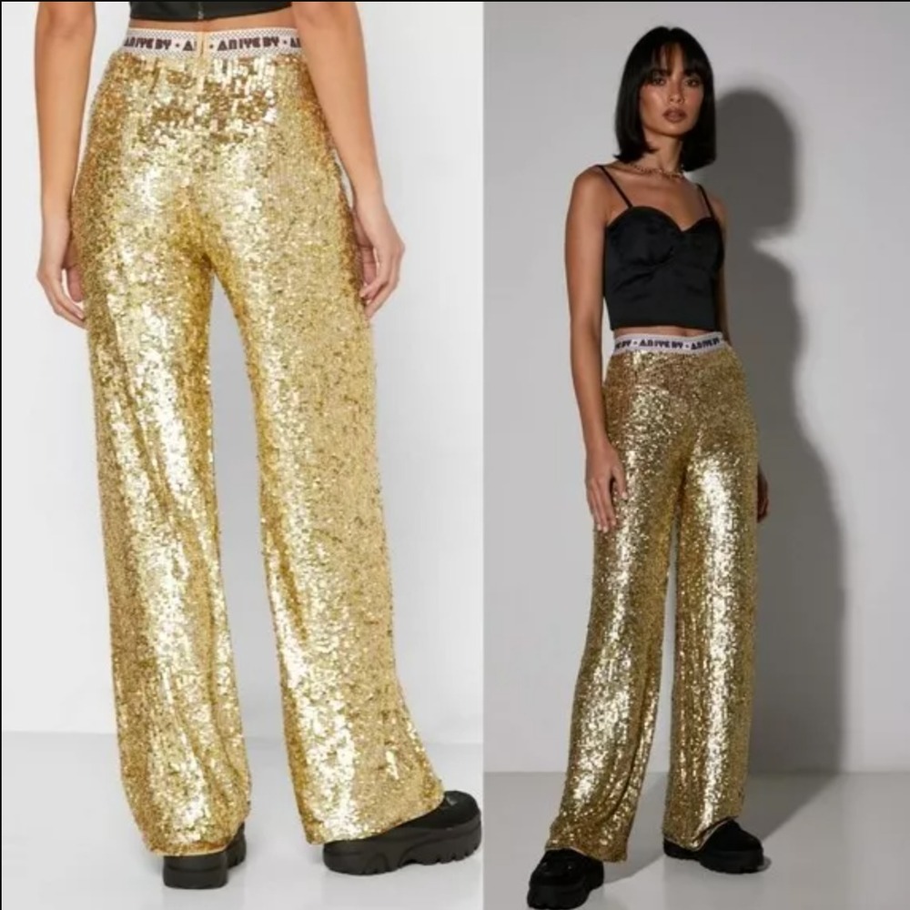 Gold Cocktail Pants XS Wide Leg Sequin Allover Party Glam 22x28 ANIYE BY $450‎